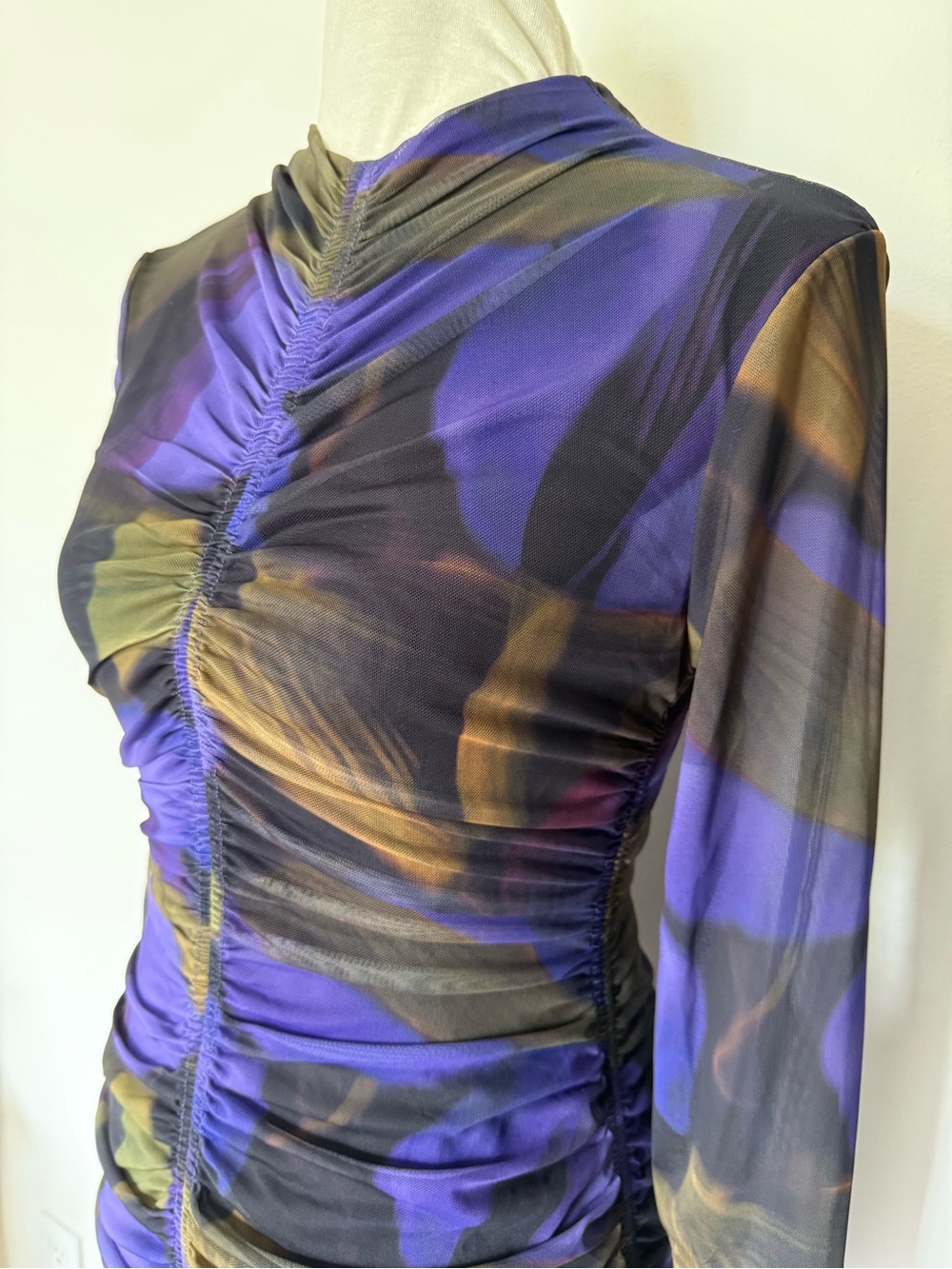 NWT Zara Black and Purple Sheer Ruched Mesh mini dress